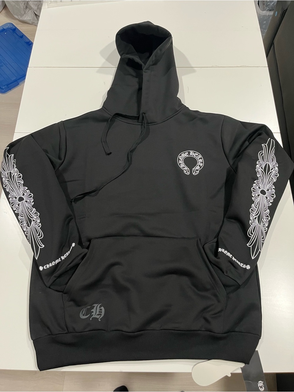 Chrome Hearts Black Crewneck Hoodie with White Sleeve Graphics